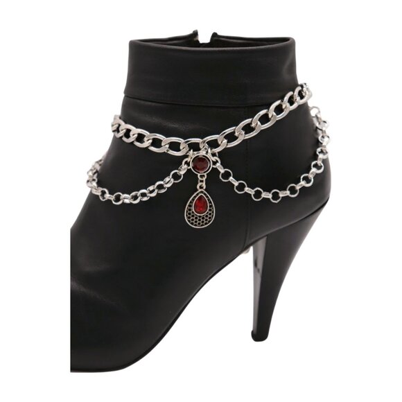 Women Silver Metal Boot Chain Bracelet Shoe Anklet Ethnic Drop Charm Red 2PCS - Picture 10 of 17